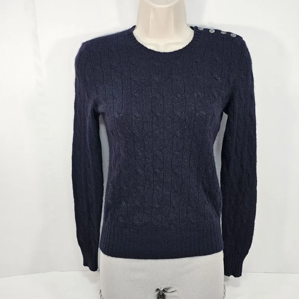 Vintage Y2K RL Rugby Navy Blue Cable Knit Shoulder Button Sweater XS Preppy